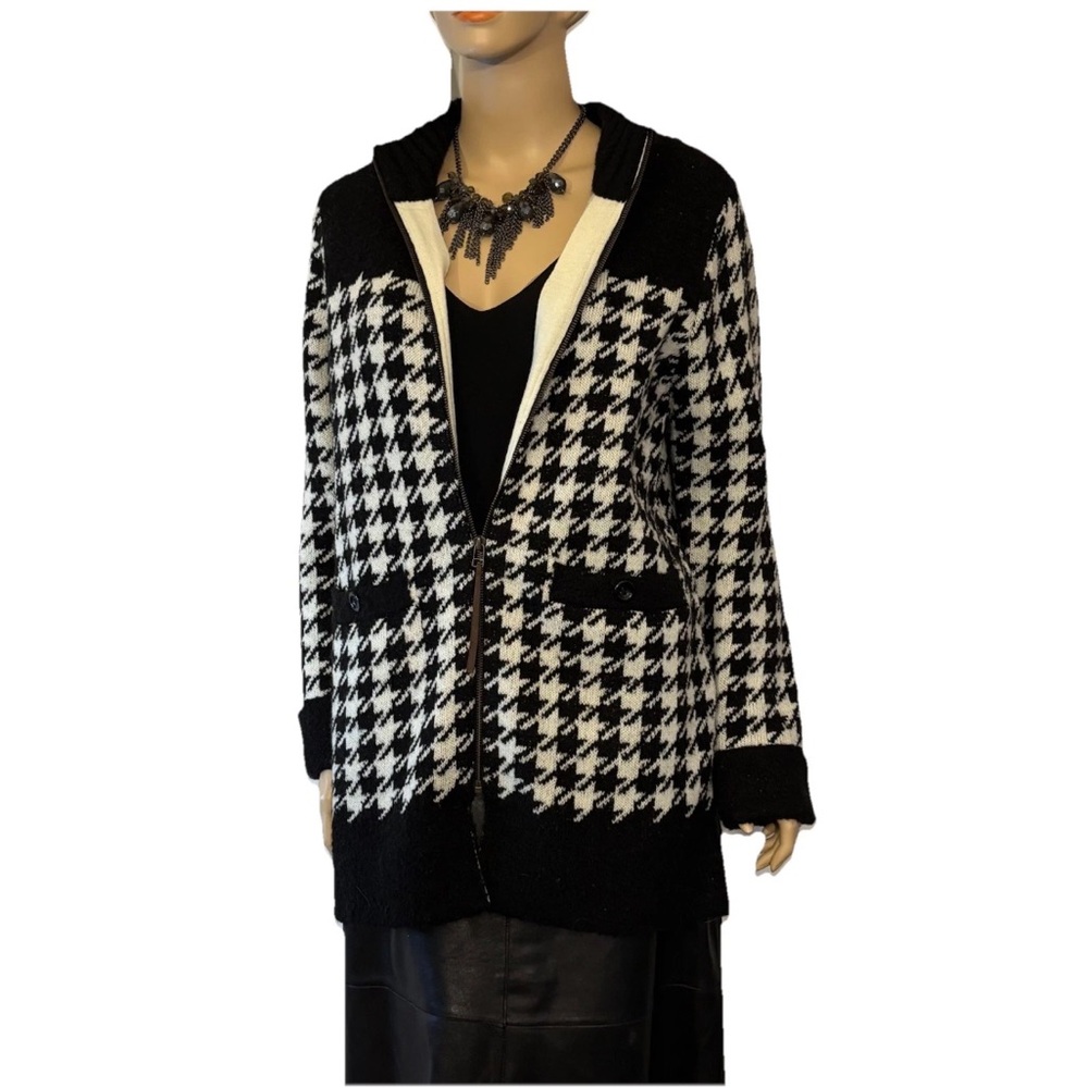 Vintage Rough Rare Houndstooth Longline Front Zip Oversized Cardigan M/L